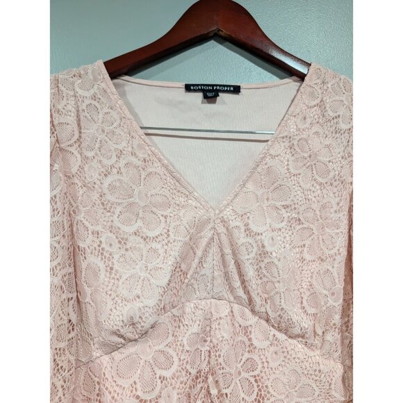 Boston Proper Women's Pink Floral Lace V-Neck Long-Sleeve Top Cinched Size S - Picture 9 of 16